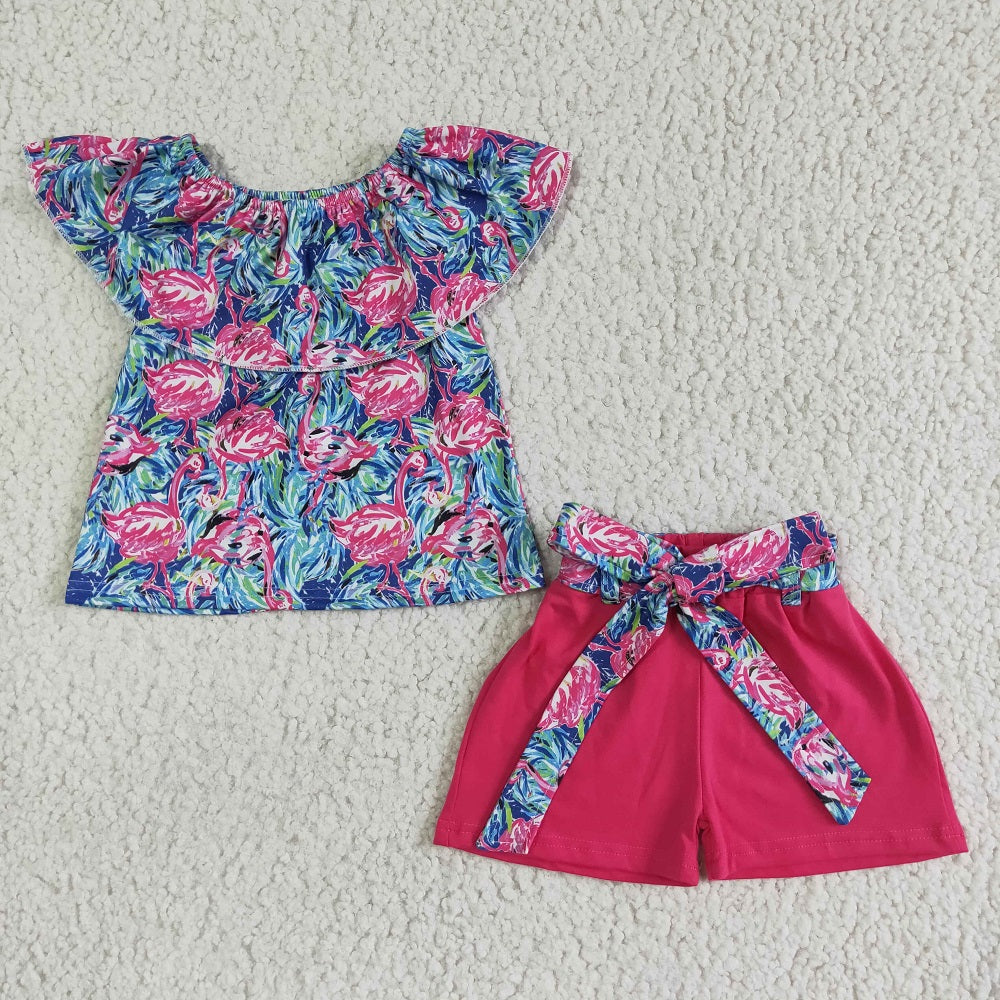 GSSO0101 Girls Flamingo Belt Shorts Outfit