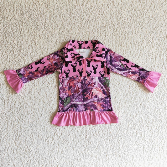 GT0056 Girl Pink Deer Zipper Long Sleeve Shirts