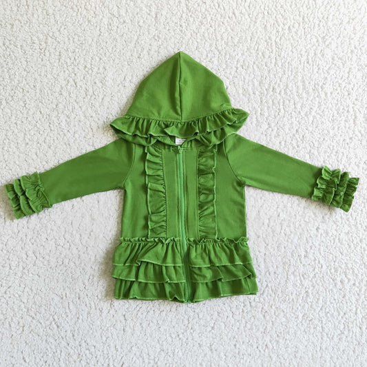 GT0017 Girl Green Zipper Ruffle Hooded Jackets