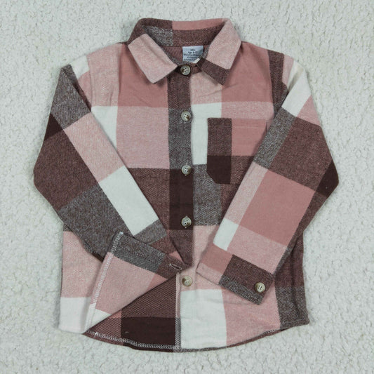 GT0073 Boys Pink Brown Plaid Pockets Flannel Button Shirt