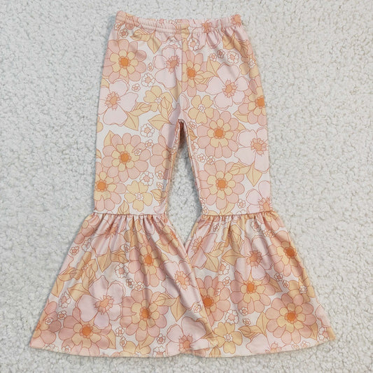P0054 Girl Orange Floral Bell Pants