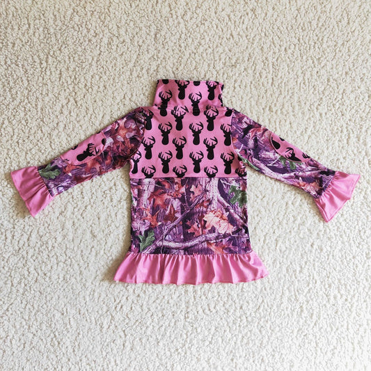 GT0056 Girl Pink Deer Zipper Long Sleeve Shirts