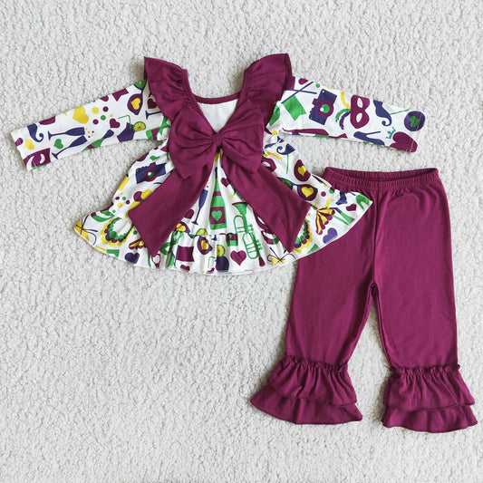 6 A0-1 Mardi Gras Baby Girls Ruffle Pants Back Bow Style Outfits
