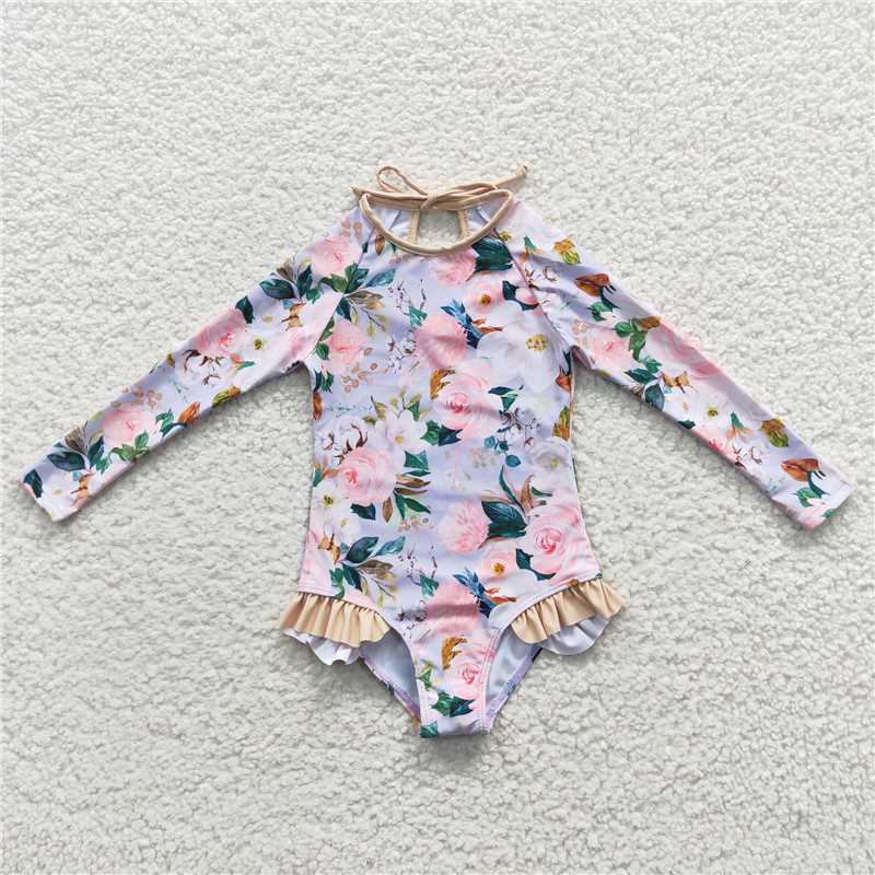 S0085 Long-sleeved One-piece Swimsuit with white flowersS0085 Long-sleeved One-piece Swimsuit with white flowers