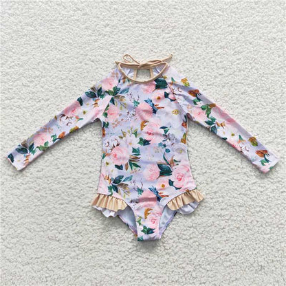 S0085 Long-sleeved One-piece Swimsuit with white flowersS0085 Long-sleeved One-piece Swimsuit with white flowers