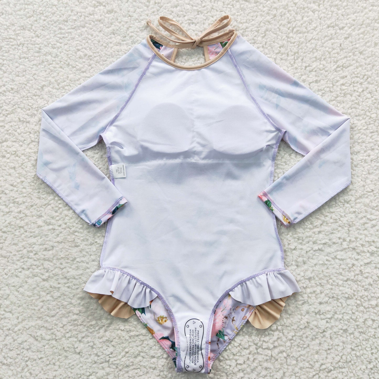 S0085 Long-sleeved One-piece Swimsuit with white flowers