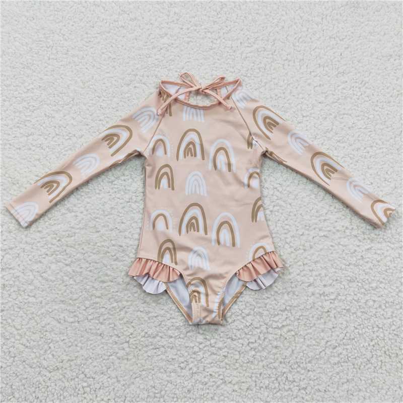 S0086 Rainbow Beige long-sleeved one-piece swimsuit