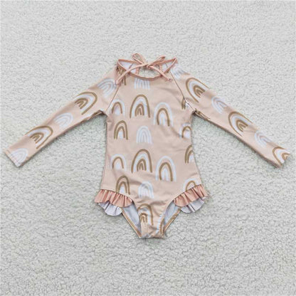 S0086 Rainbow Beige long-sleeved one-piece swimsuit