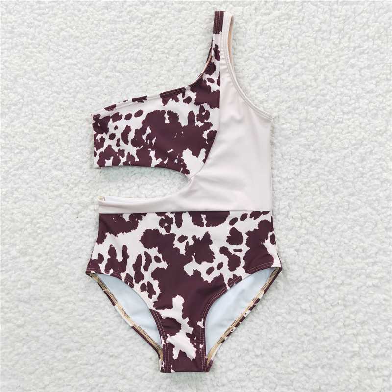 S0129 Girls ink print brown one-piece swimsuit