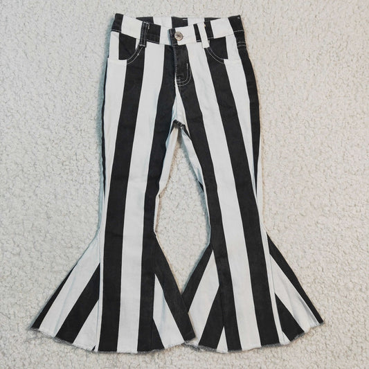 P0046 Girl Black White Striped Bell Jeans