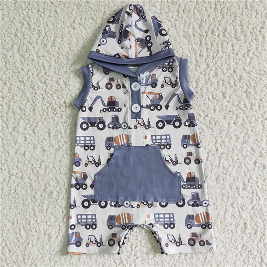 SR0045 Boy Excavator Pocket Button Hooded Sleeveless One-piece