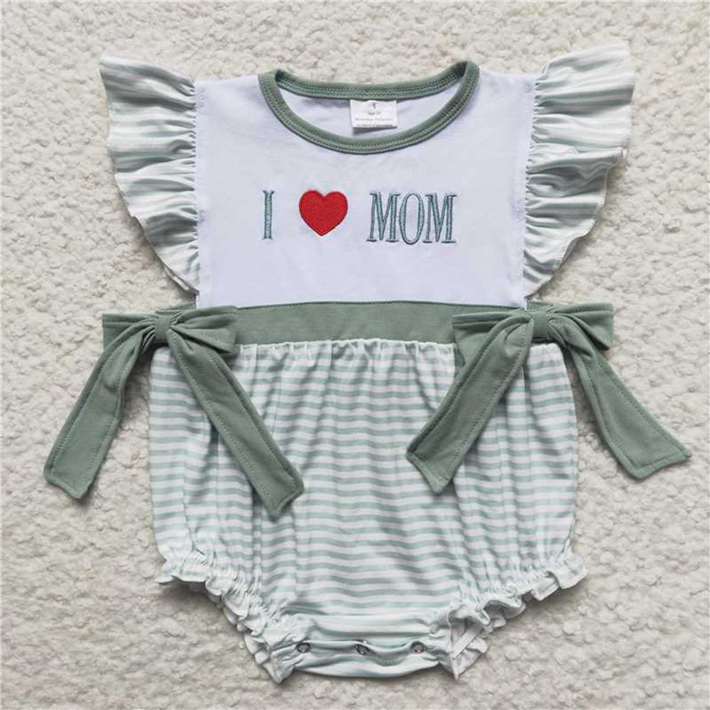 SR0237 Girl Embroidery Love MOM Green Flying Sleeve jumpsuit