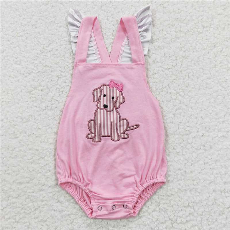 SR0303 Girl's Embroidered Puppy Fly Sleeve Jumpsuit Pink