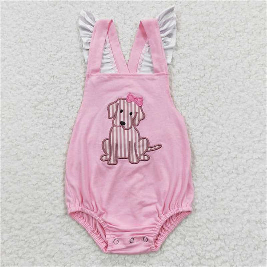 SR0303 Girl's Embroidered Puppy Fly Sleeve Jumpsuit Pink