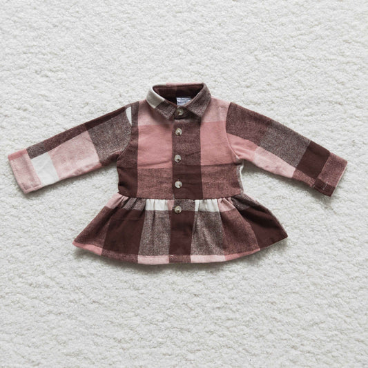 GT0090 Girls Pink Brown Plaid Ruffle Flannel Button Shirt