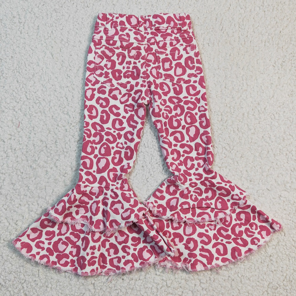P0044 Girl Double Layer Pink Leopard Bell Jeans