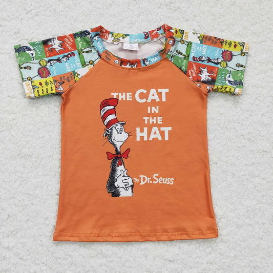 A2-11 Boys Raglan Short Sleeve Orange Cartoon  Reading Shirts