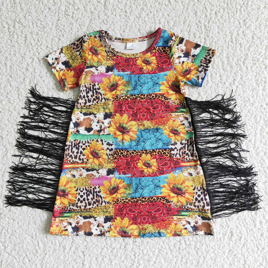 GSD0057 Girls Sunflower Leopard Tassel Dress