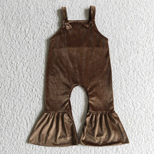 SR0090 Girl Brown Velvet Sling Jumpsuit