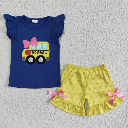 GSSO0091 Girls Embroidered School Bus Shorts Outfit