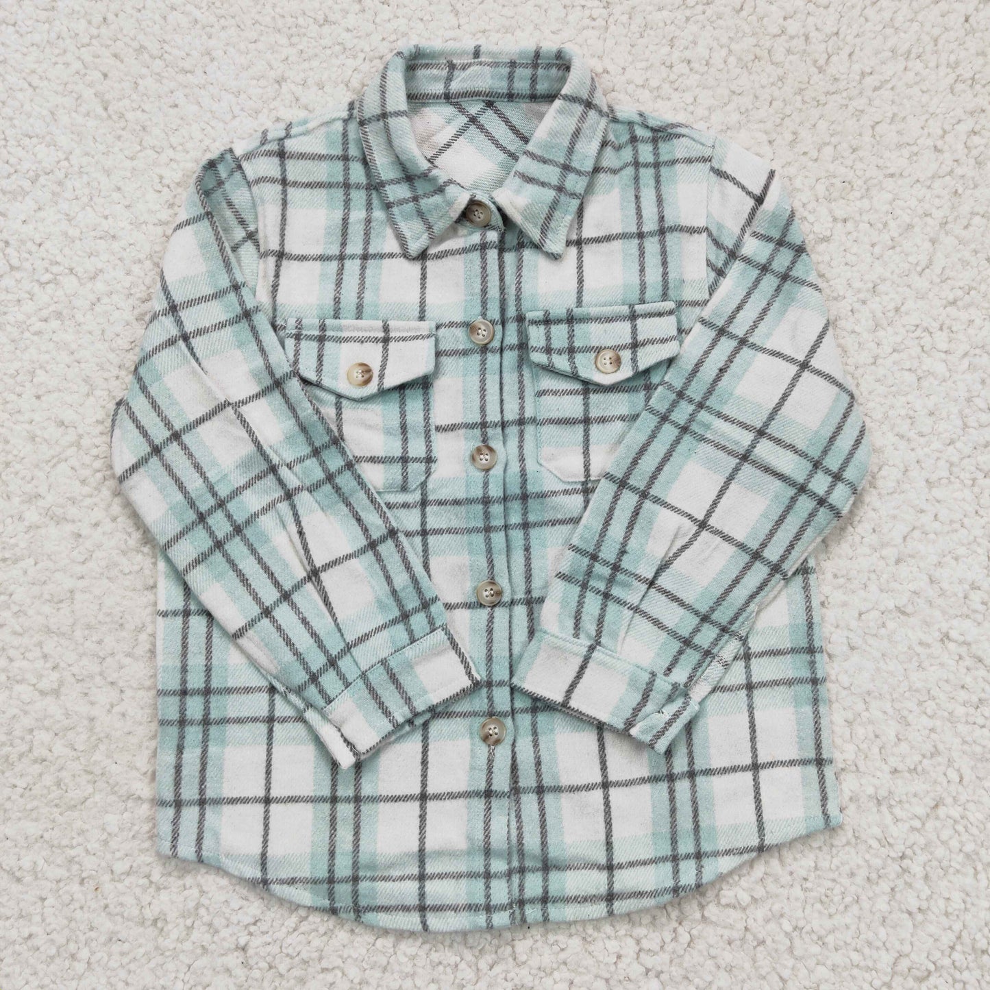 BT0169 Boys Sky Blue Plaid Pockets Flannel Button Shirt