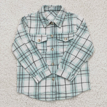BT0169 Boys Sky Blue Plaid Pockets Flannel Button Shirt