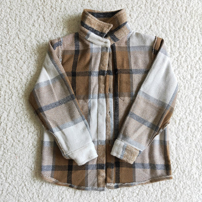 BT0062 Boys Khaki Plaid Pockets Flannel Button Shirt