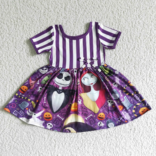 GSD0108 Halloween Girls Purple Striped Skull Dress