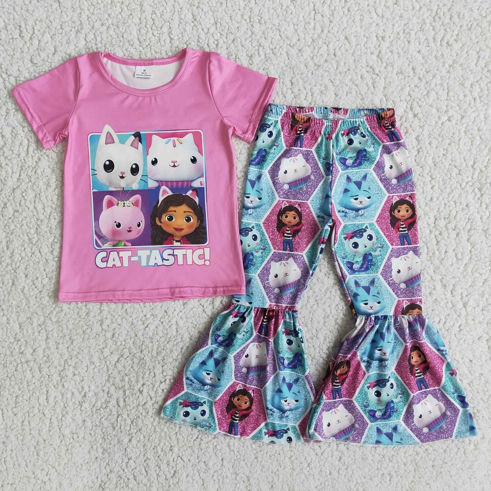 E14-11 Baby Girls Outfits Cartoon Cat Bell Bottom