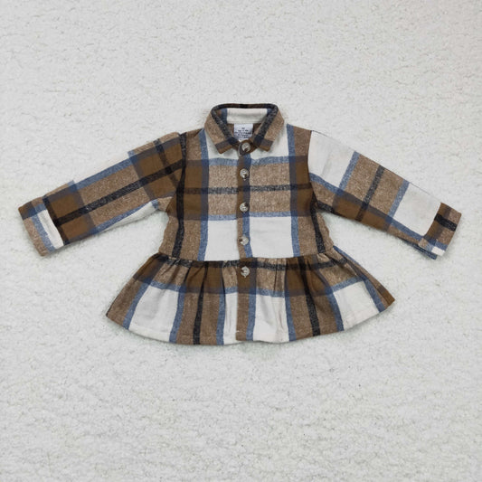 GT0089 Girls Brown Plaid Ruffle Flannel Button Shirt