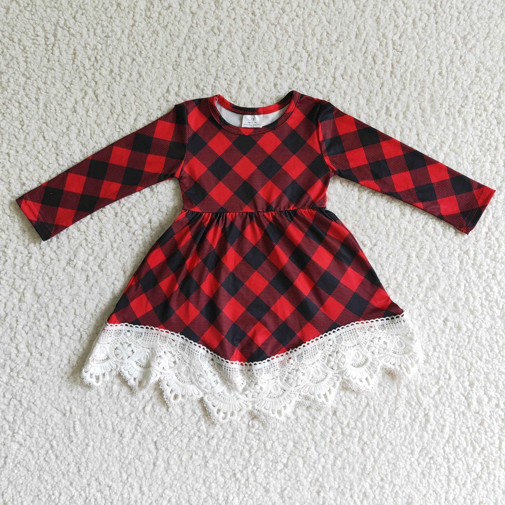 GLD0024 Christmas Girl Red Black Plaid Lace Long Sleeve Dress