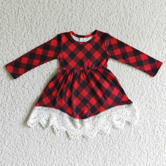 GLD0024 Christmas Girl Red Black Plaid Lace Long Sleeve Dress