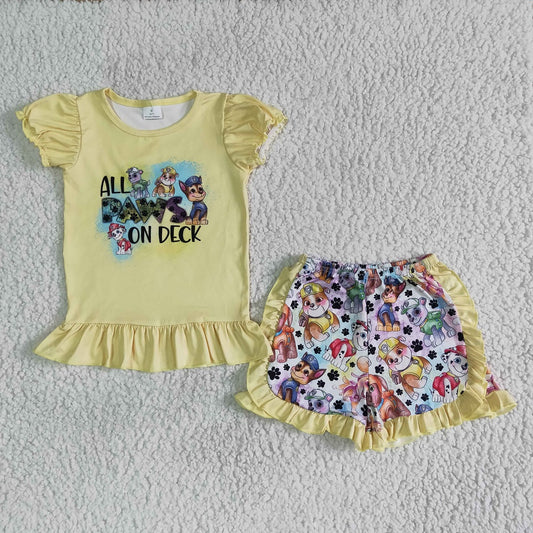 C1-28 Girl Puff Sleeve Yellow Dog Shorts Outfit