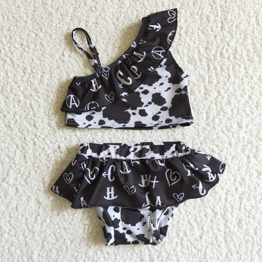 S0003 Girls Cow Ruffle Swimsuit