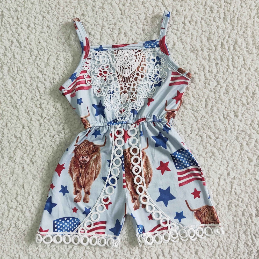 SR0053 The 4th of July Girls Cow Flag Jumpsuit