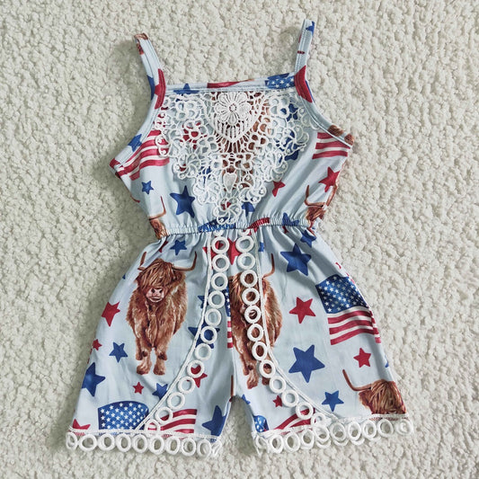 SR0053 The 4th of July Girls Cow Flag Jumpsuit