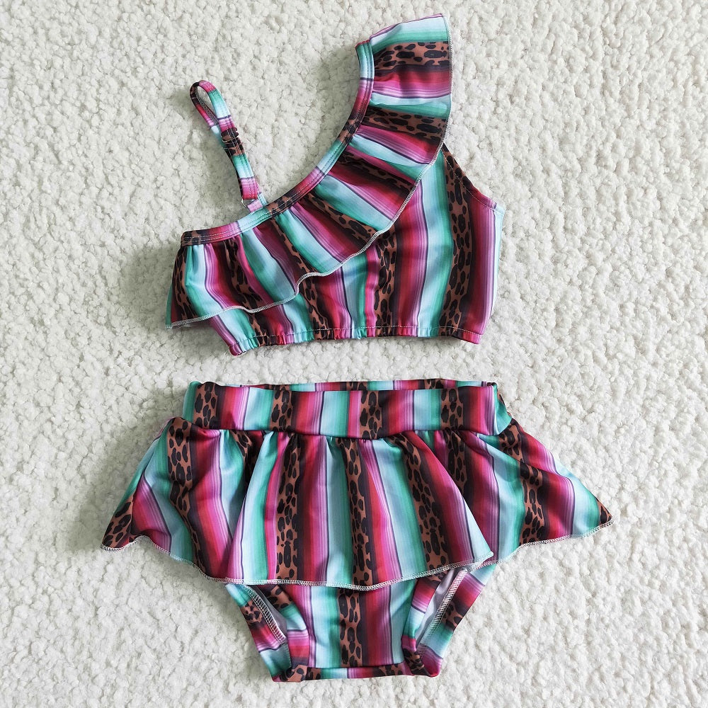 S0022 Girls Leopard Striped Ruffle Swimsuit